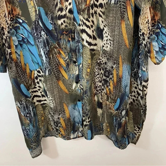 Avenue Blouse‎ Woman 18/20 Button Up Colorful Tropical Feathers Tunic Roll Tab - Picture 3 of 15